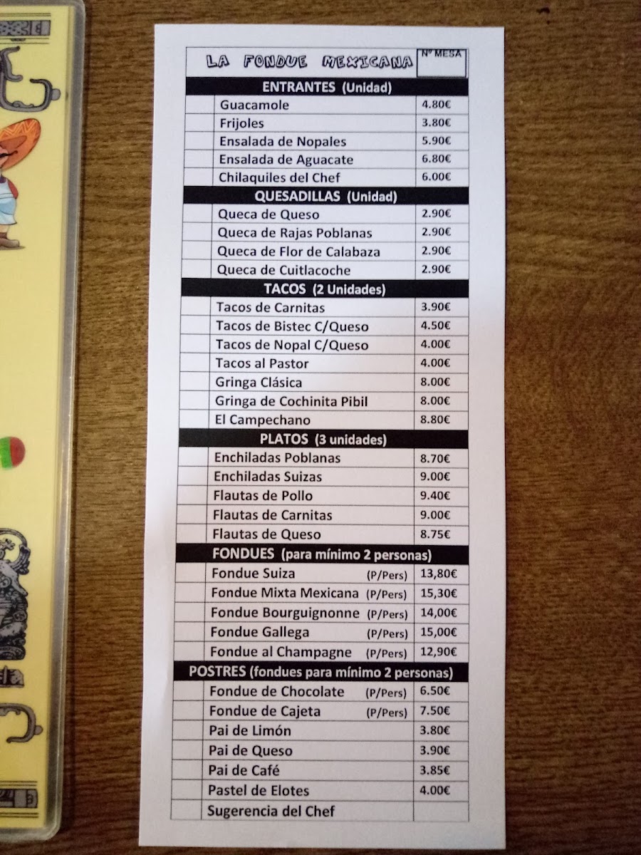Menu La Fondue Mexicana Simon Bolívar 13-6