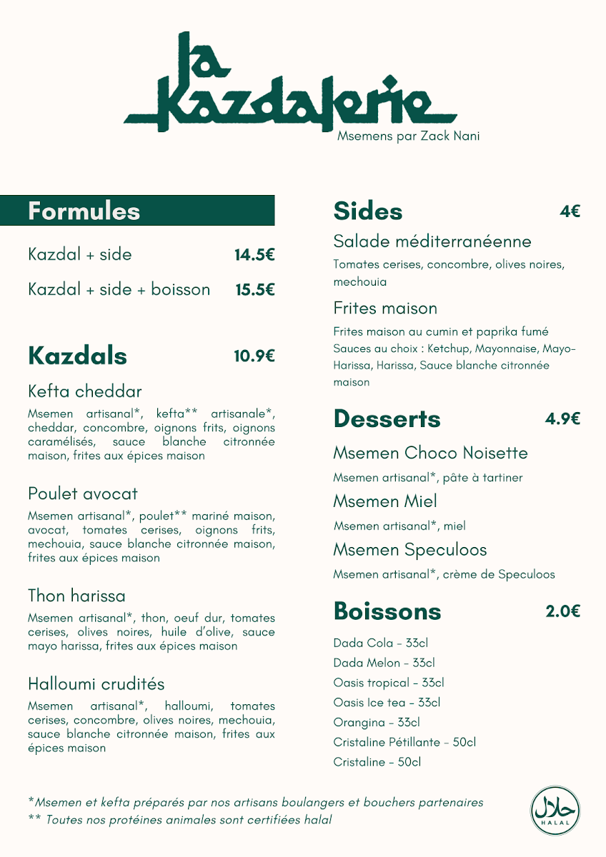Menu La Kazdalerie - Lyon-1