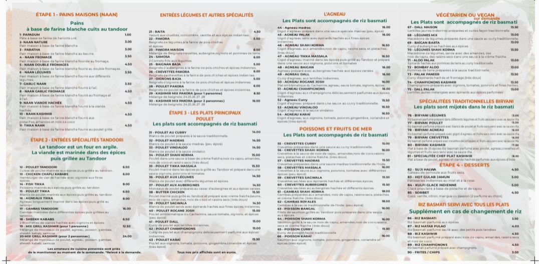 Menu La Vallée Du Kashmir ! Since 2003-2
