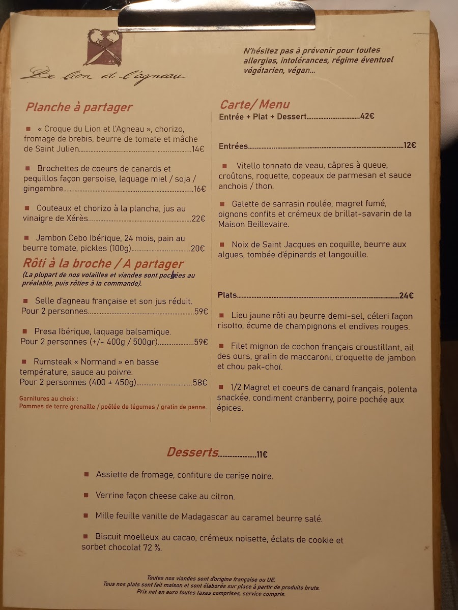 Menu Le Lion Et L'agneau-1