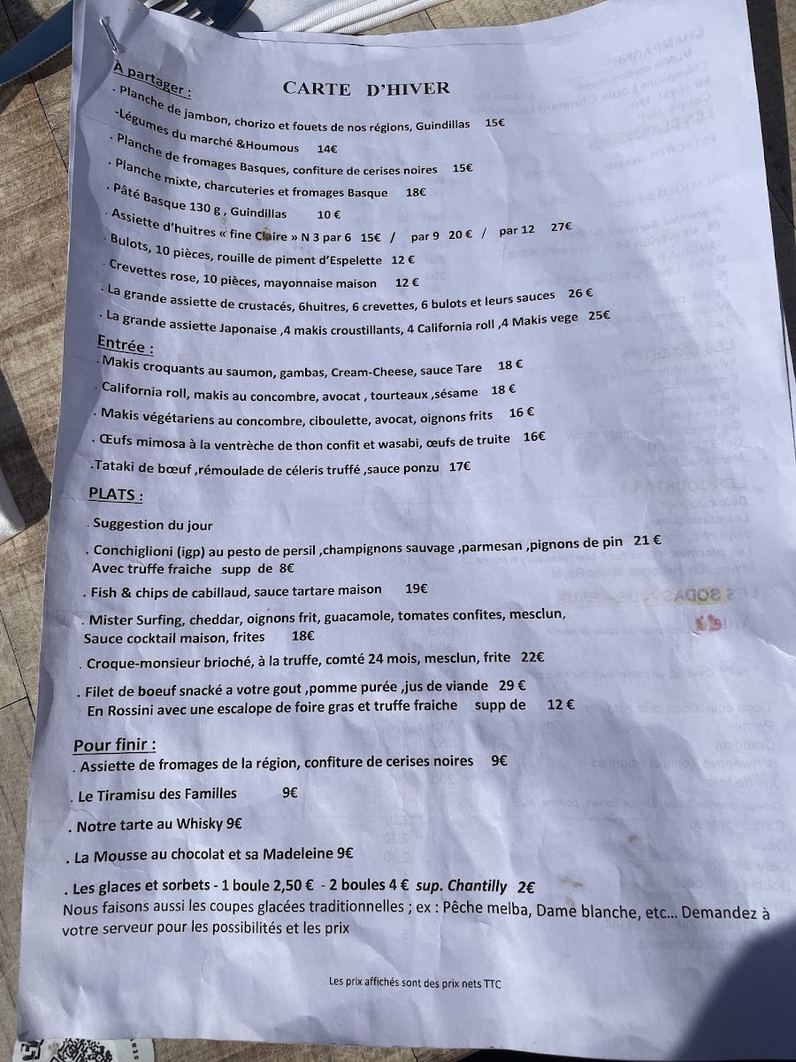 Menu Le Surfing Biarritz-10