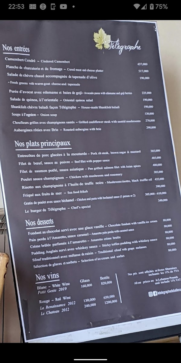 Menu Le Telegraphe De Belle Vue-2