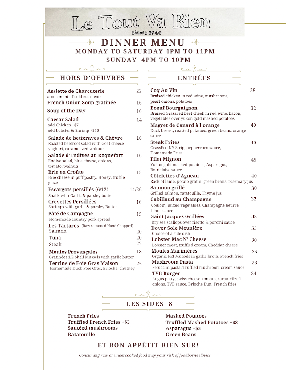Menu Le Tout Va Bien - French Restaurant-1