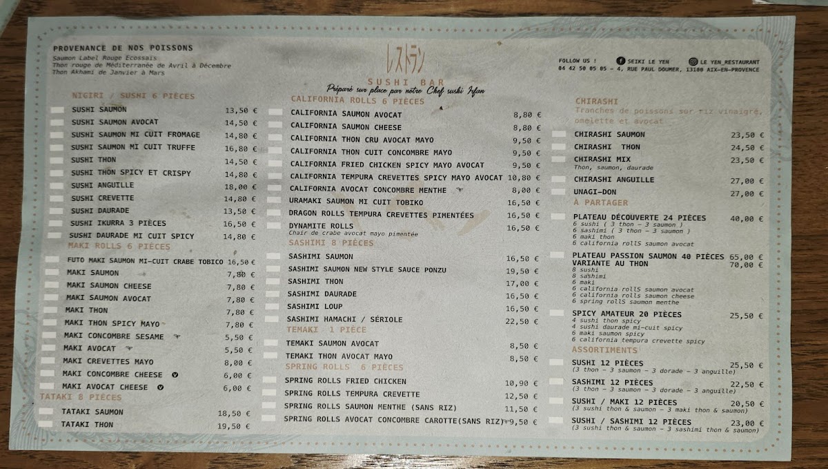 Menu Le Yen Aix-7
