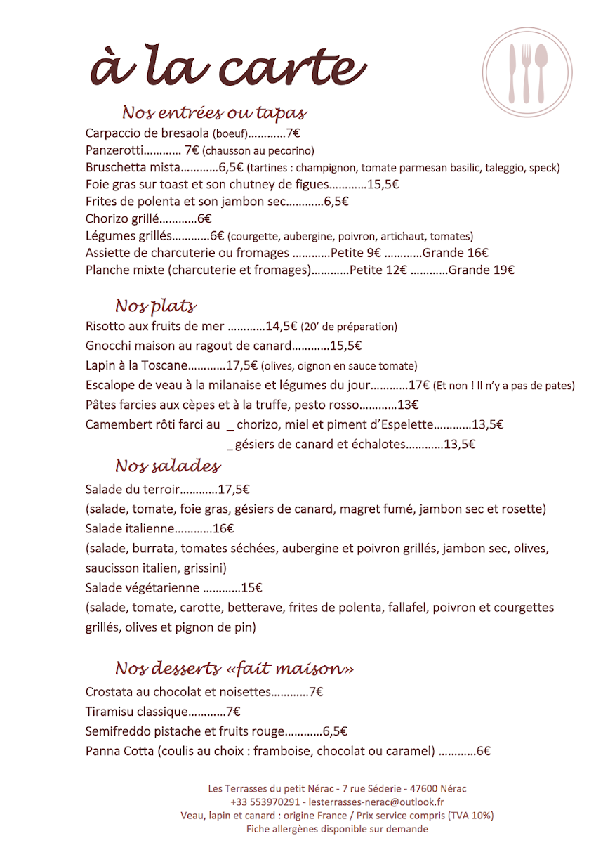 Menu Les Terrasses Du Petit Nerac, Chambres Et Restaurant-2