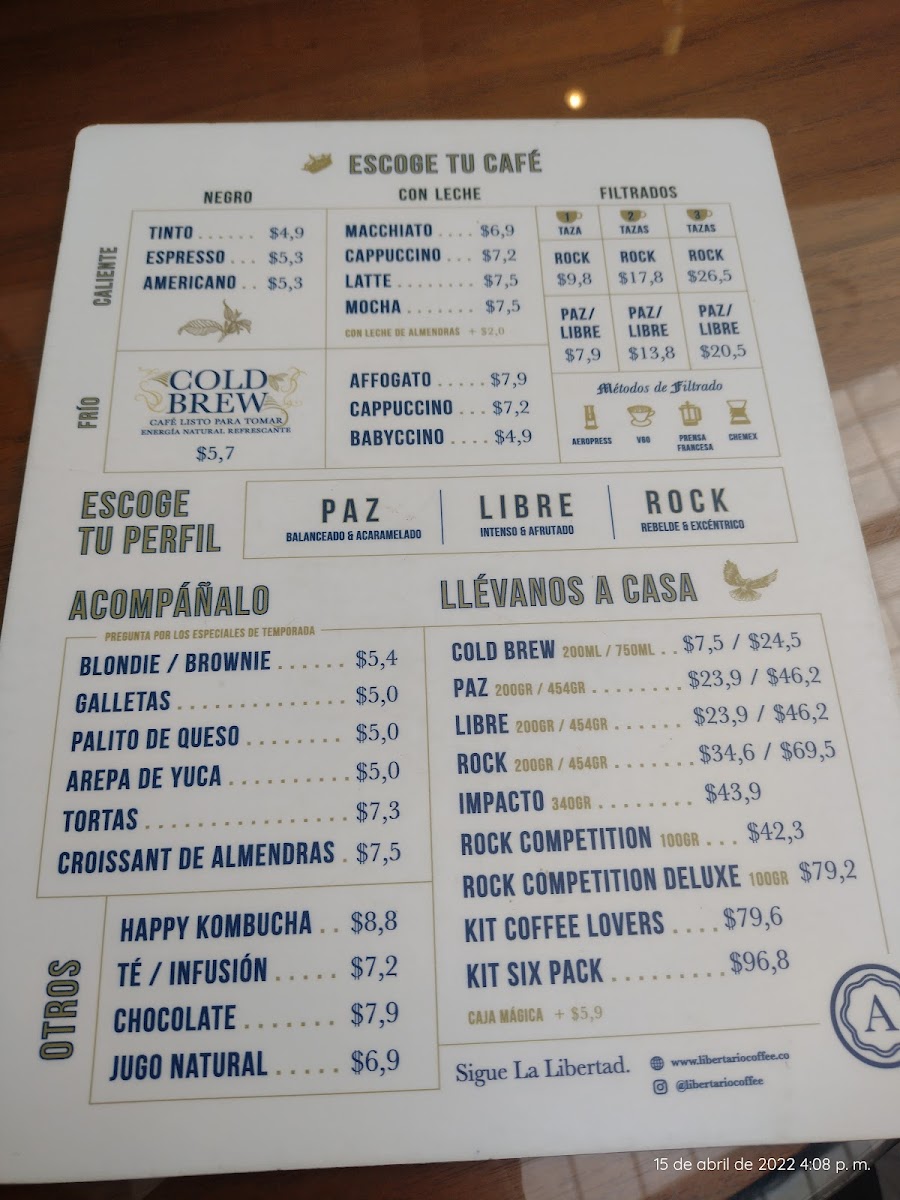 Menu Libertario Coffee Roasters - Calle 70A-4