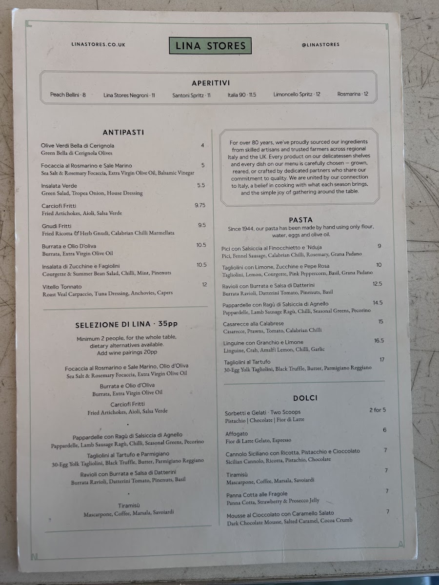 Menu Lina Stores Soho - Italian Restaurant-1