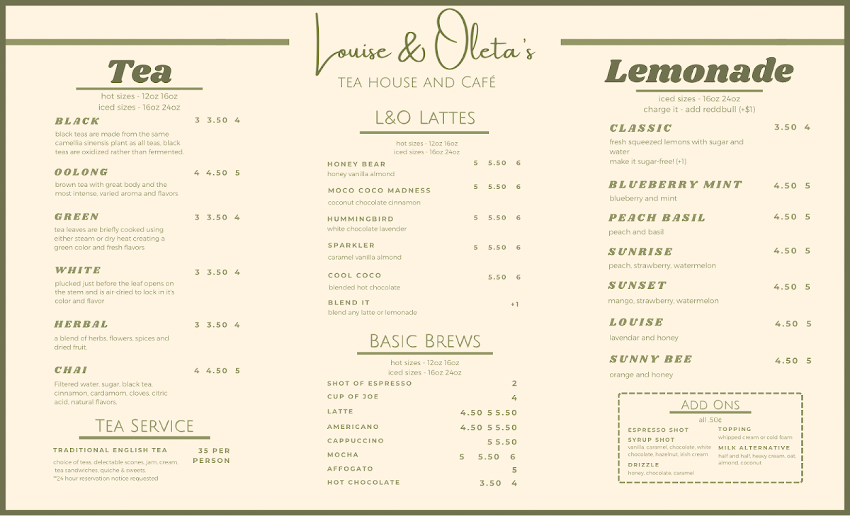 Menu Louise & Oleta's Tea House And Cafe-1