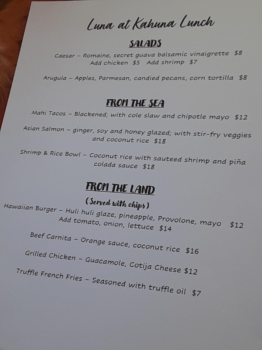Menu Luna Food & Wine Aka Luna @ Kahuna-1