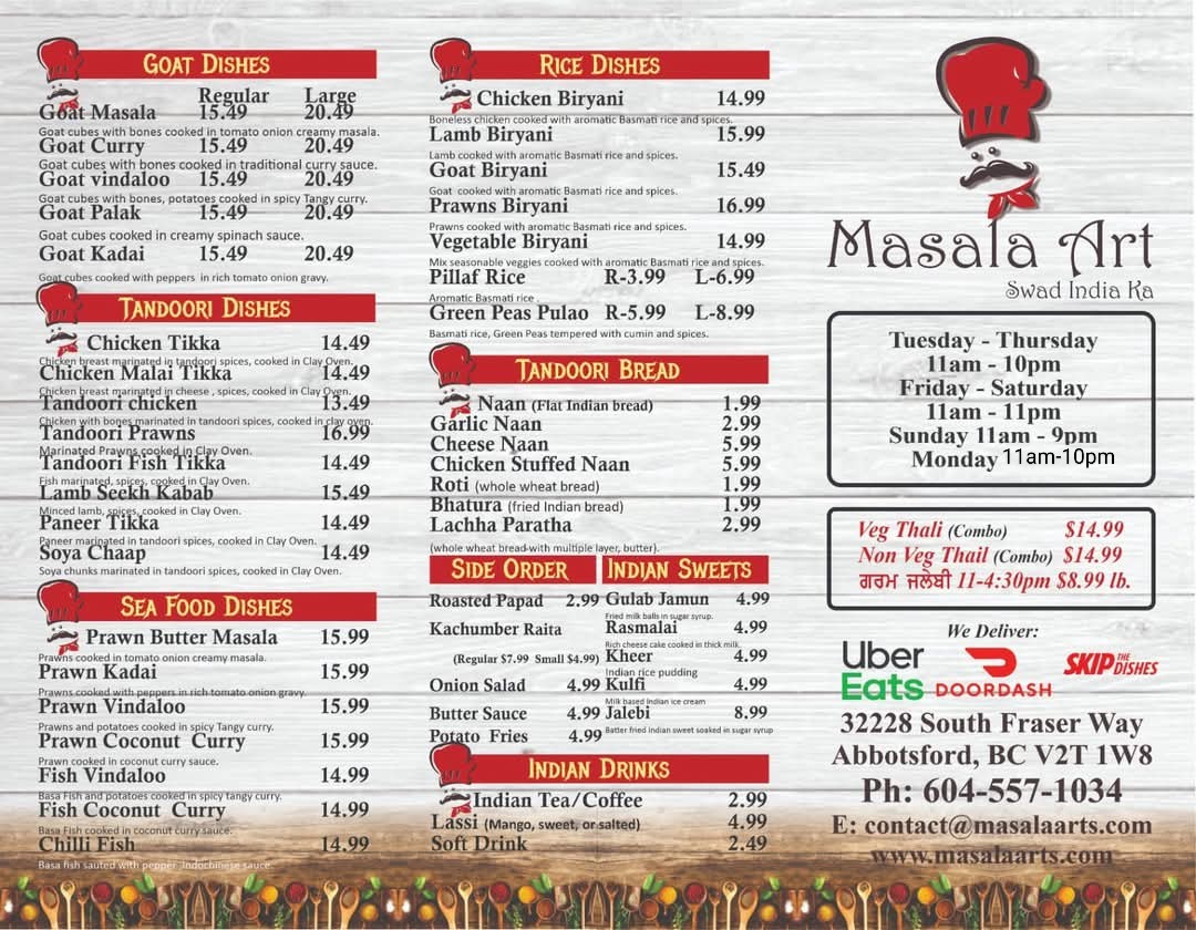 Menu Masala Art Indian Restaurant Abbotsford Bc-1