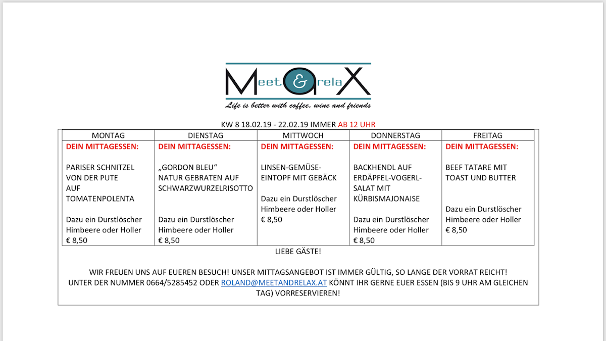 Menu Meet&relax M.a.x-9