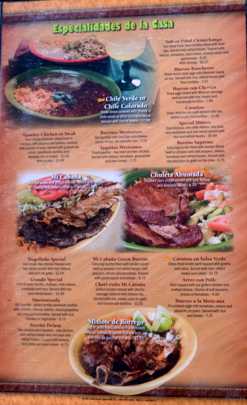 Menu Mi Cabana Mexican Restaurant #3-7