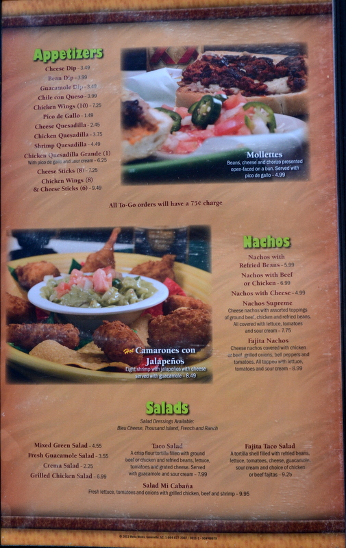 Menu Mi Cabana Mexican Restaurant #3-8