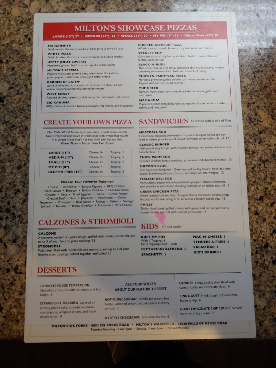 Menu Milton's Pizza & Pasta-1