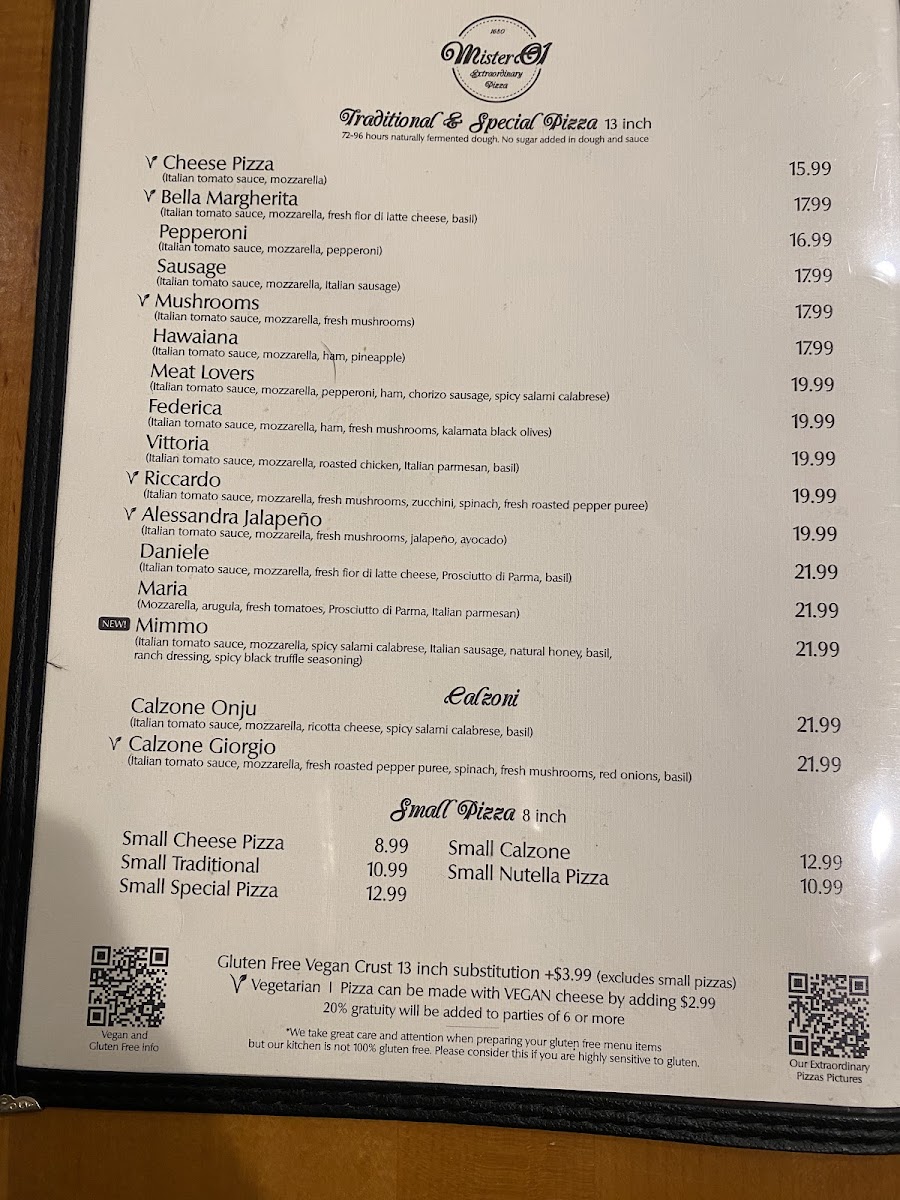 Menu Mister O1 Extraordinary Pizza - South Beach-1