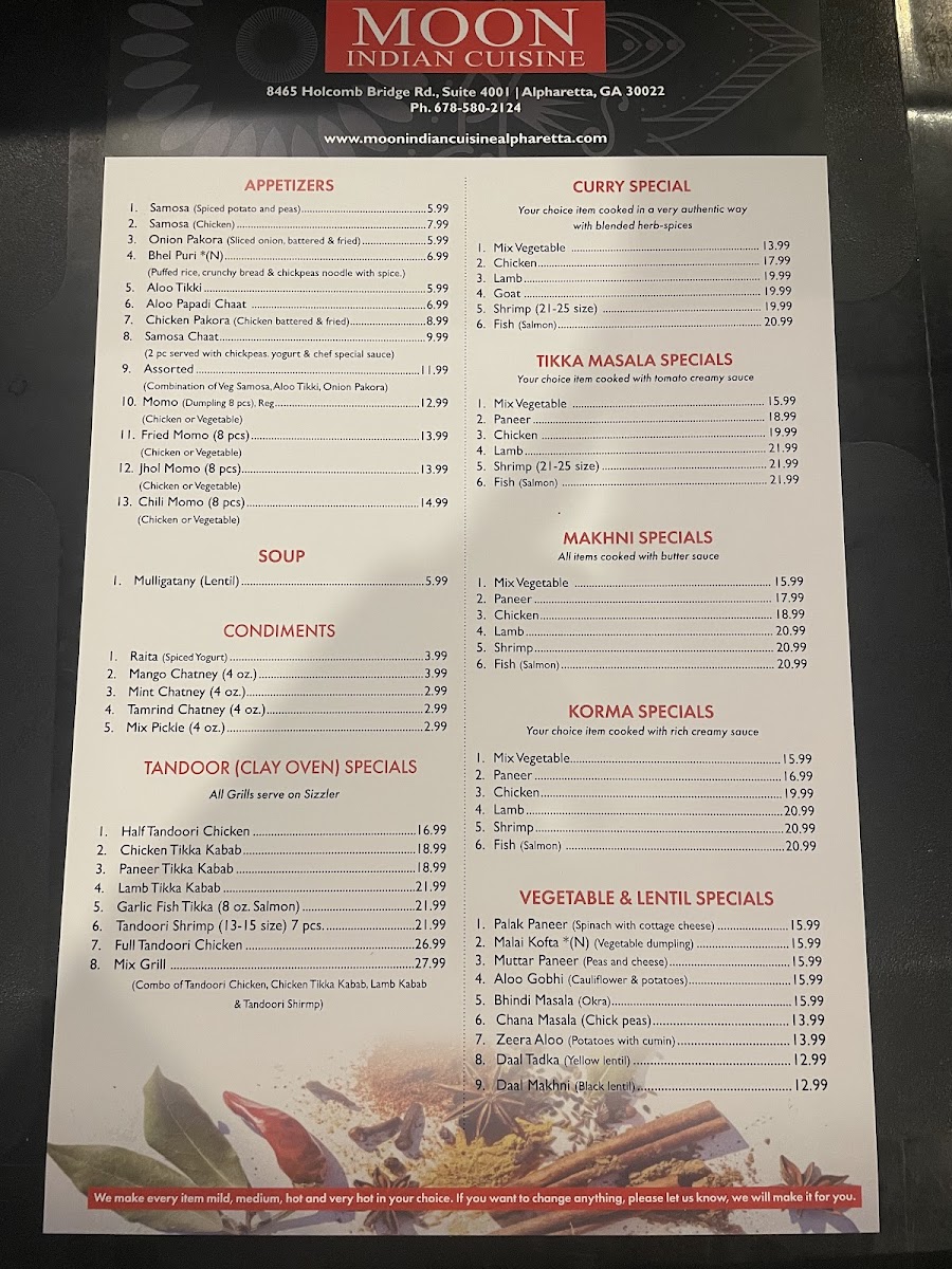 Menu Moon Indian Cuisine | Alpharetta-1