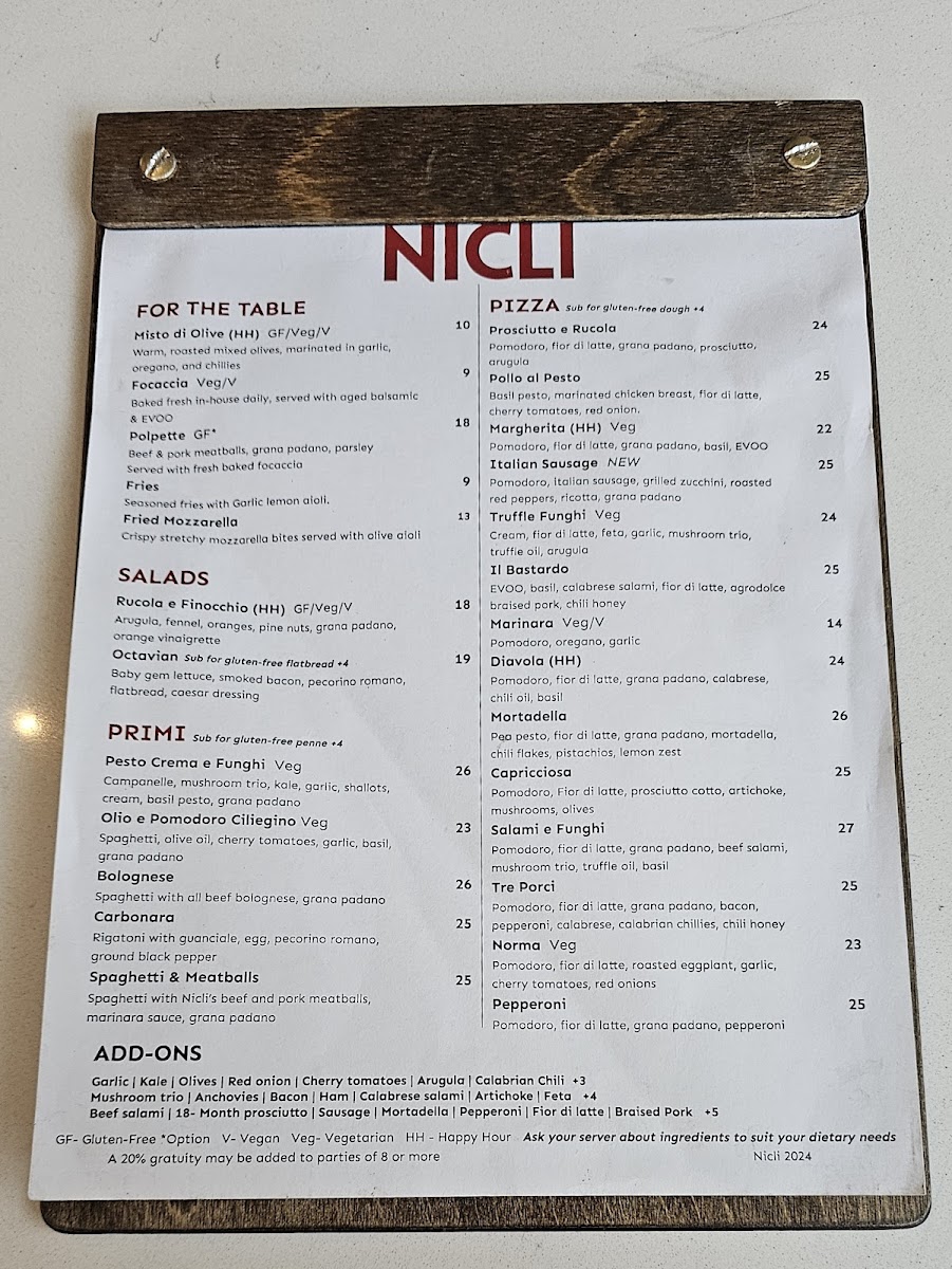 Menu Nicli Pizzeria + Bar + Gelato Wesbrook-1