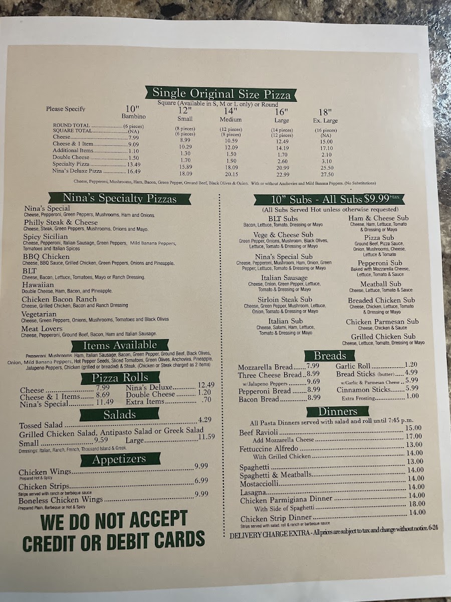Menu Nina's Italian Pizza-1