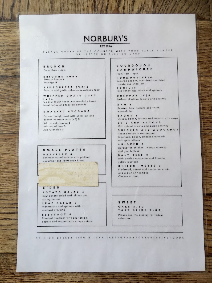 Menu Norbury's-1