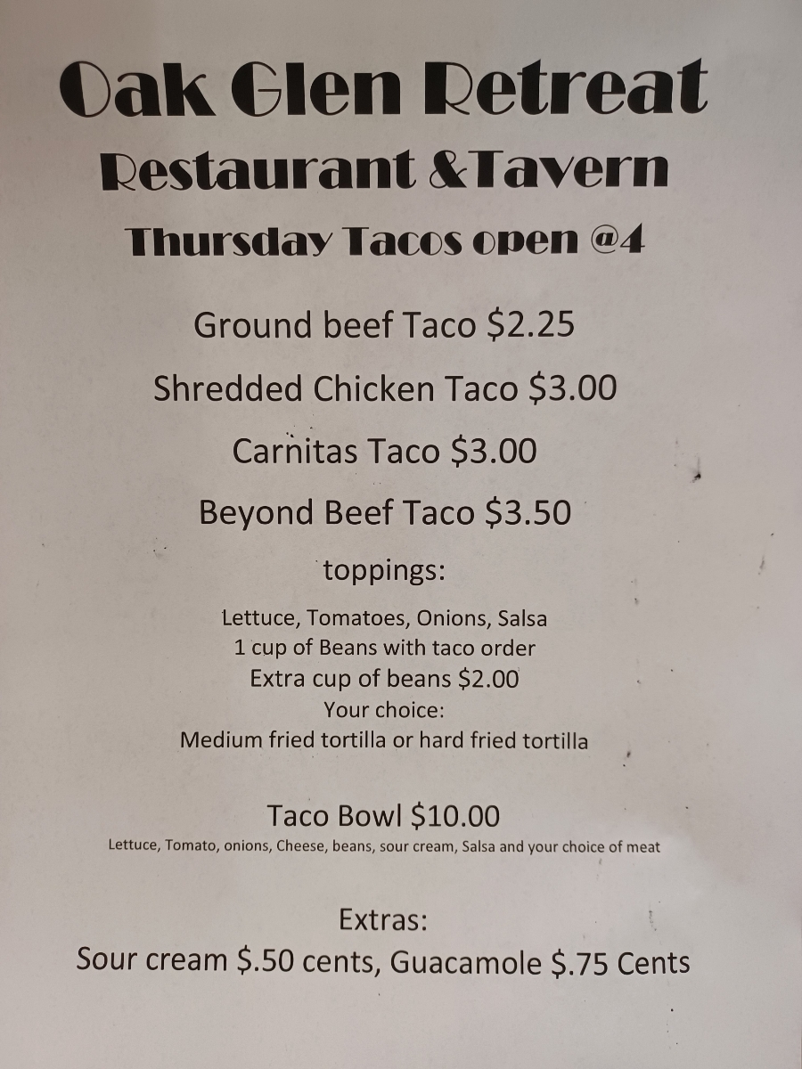 Menu Oak Glen Restaurant And Tavern-1