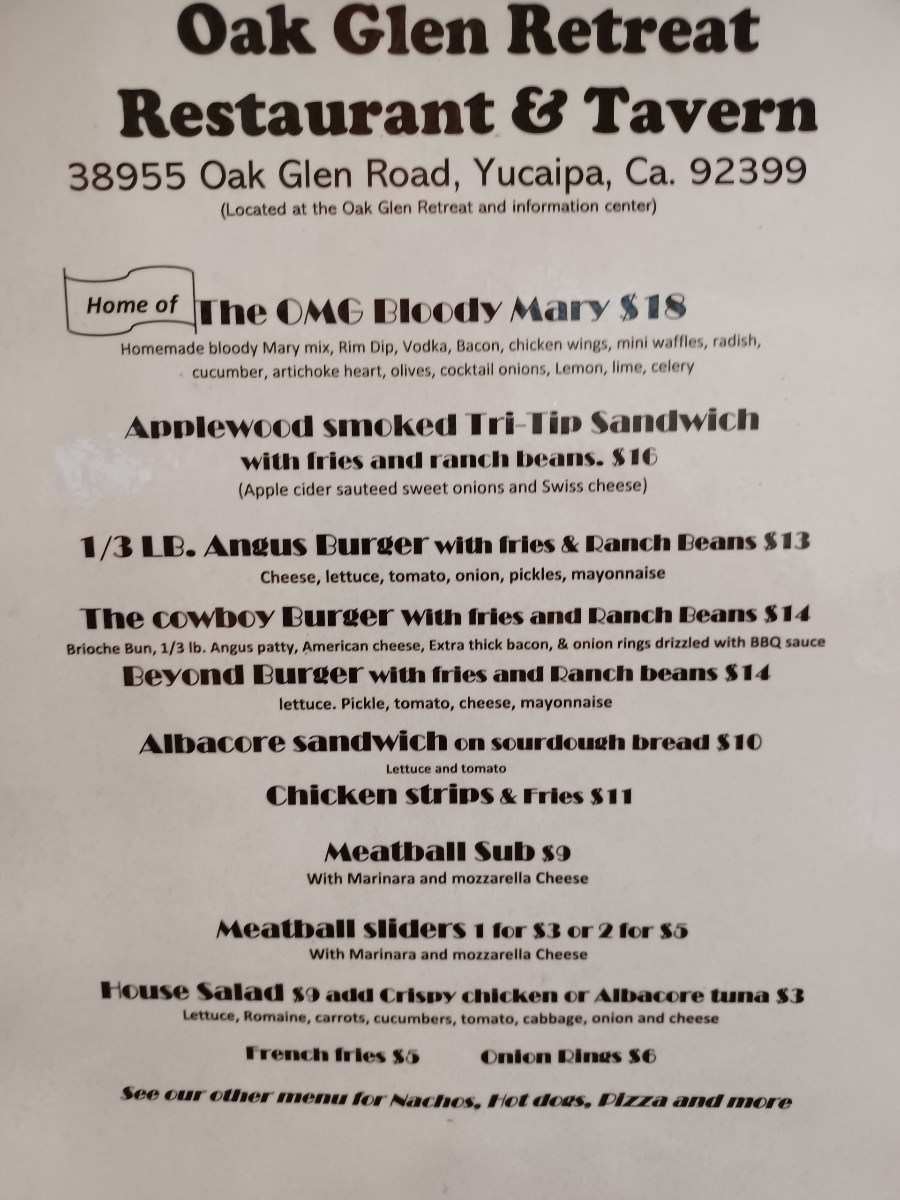 Menu Oak Glen Restaurant And Tavern-2