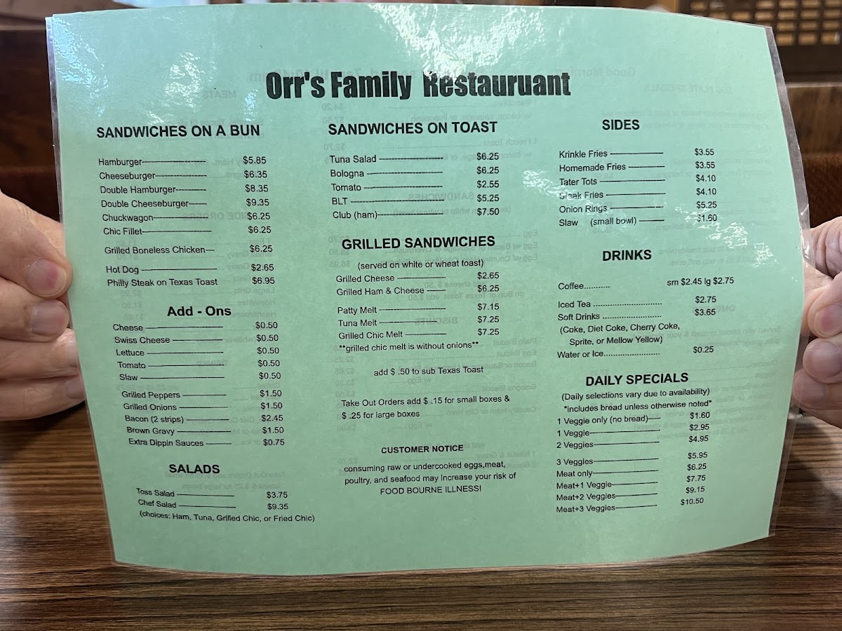 Menu Orr's Family Restaurant-1