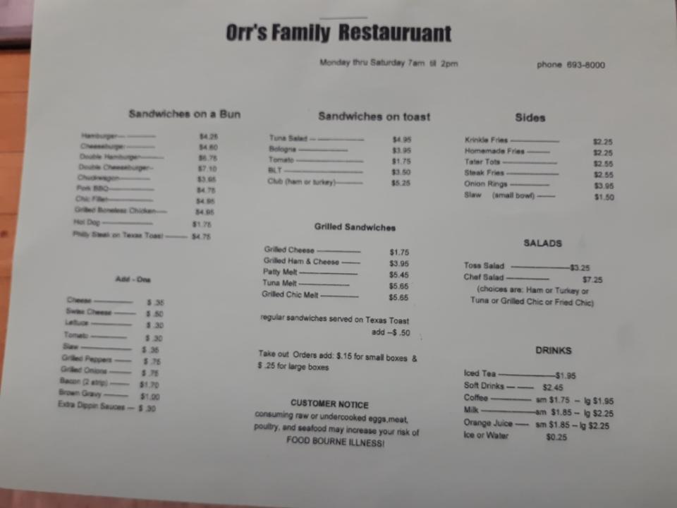 Menu Orr's Family Restaurant-9