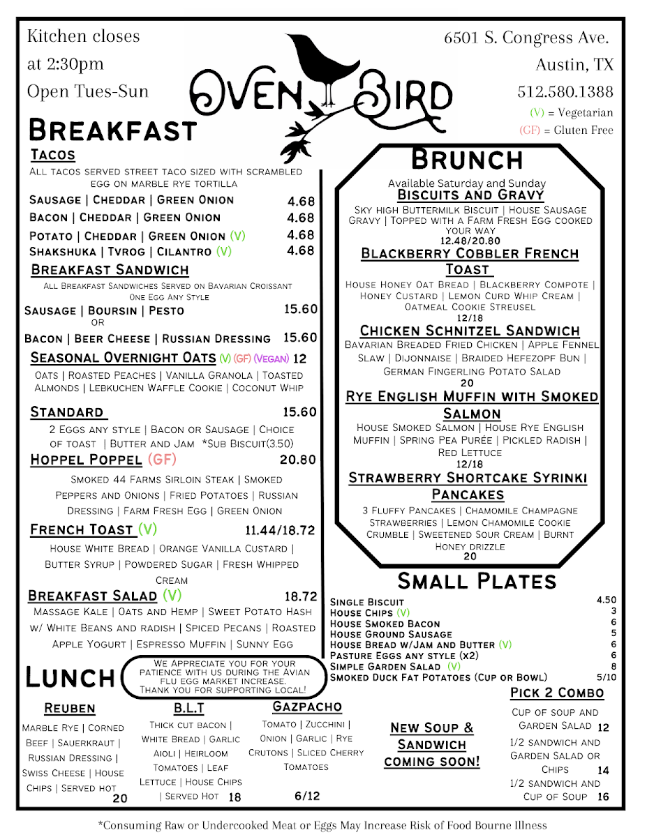 Menu Ovenbird | Austin-1