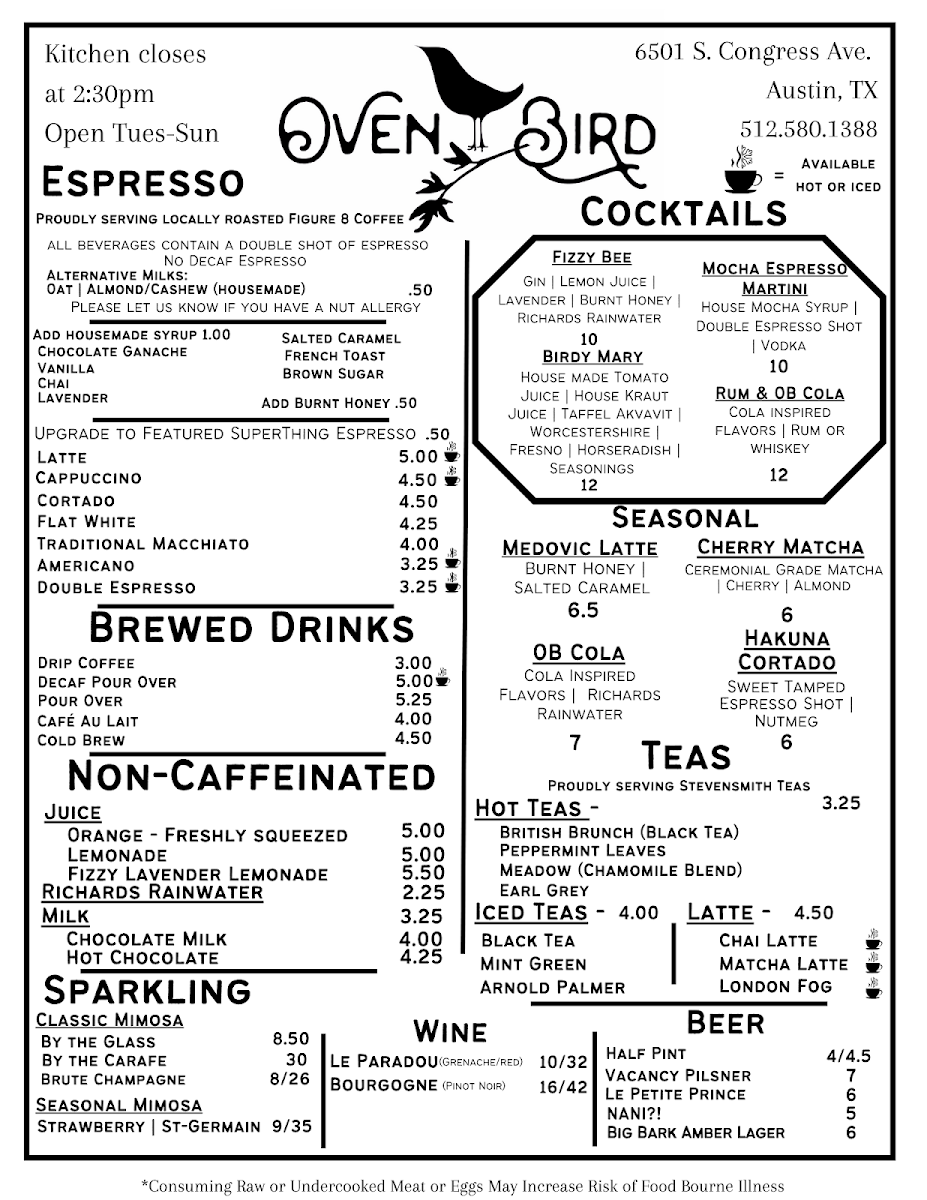 Menu Ovenbird | Austin-2