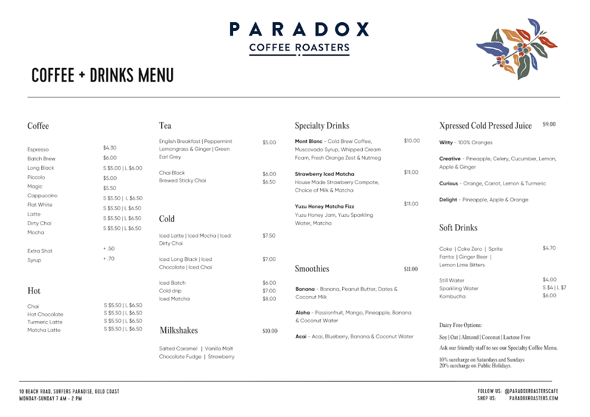 Menu Paradox Coffee Roasters Cafe-1