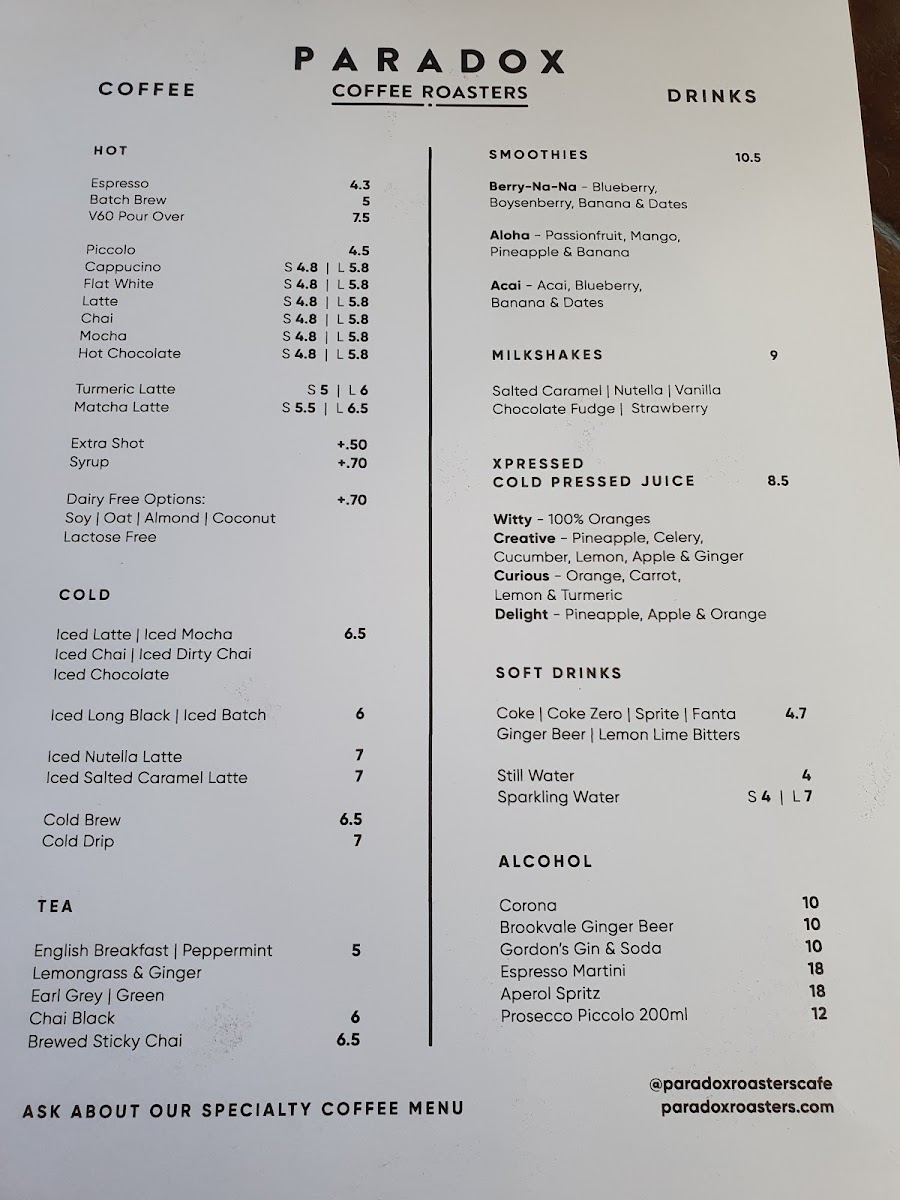 Menu Paradox Coffee Roasters Cafe-3