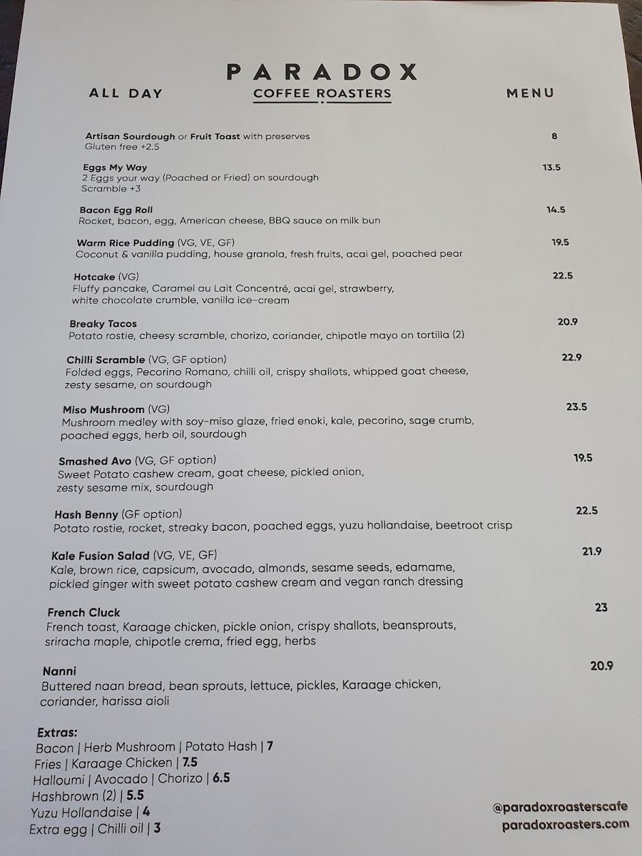 Menu Paradox Coffee Roasters Cafe-4