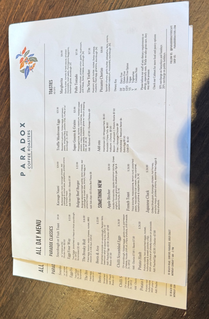 Menu Paradox Coffee Roasters Cafe-8
