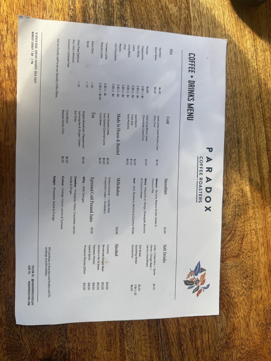 Menu Paradox Coffee Roasters Cafe-9