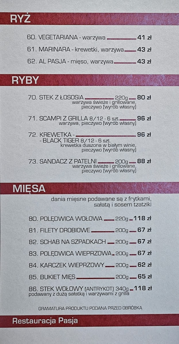 Menu Pasja. Restauracja-2
