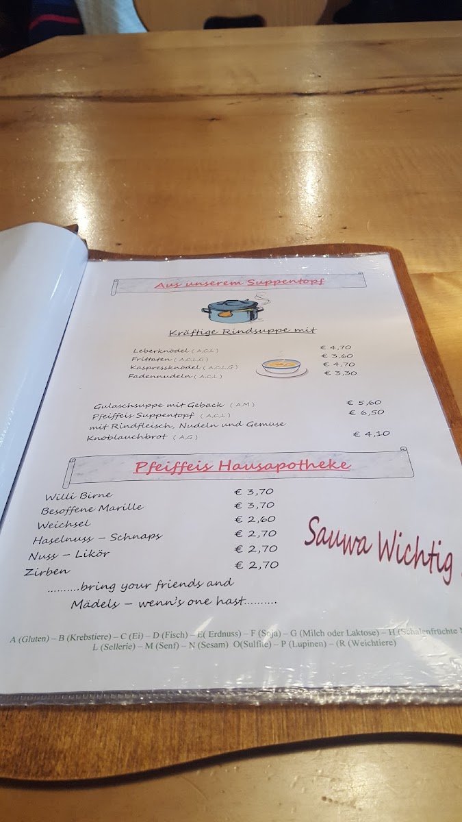 Menu Pfeiffei Alm, Skihütte Flachau-1