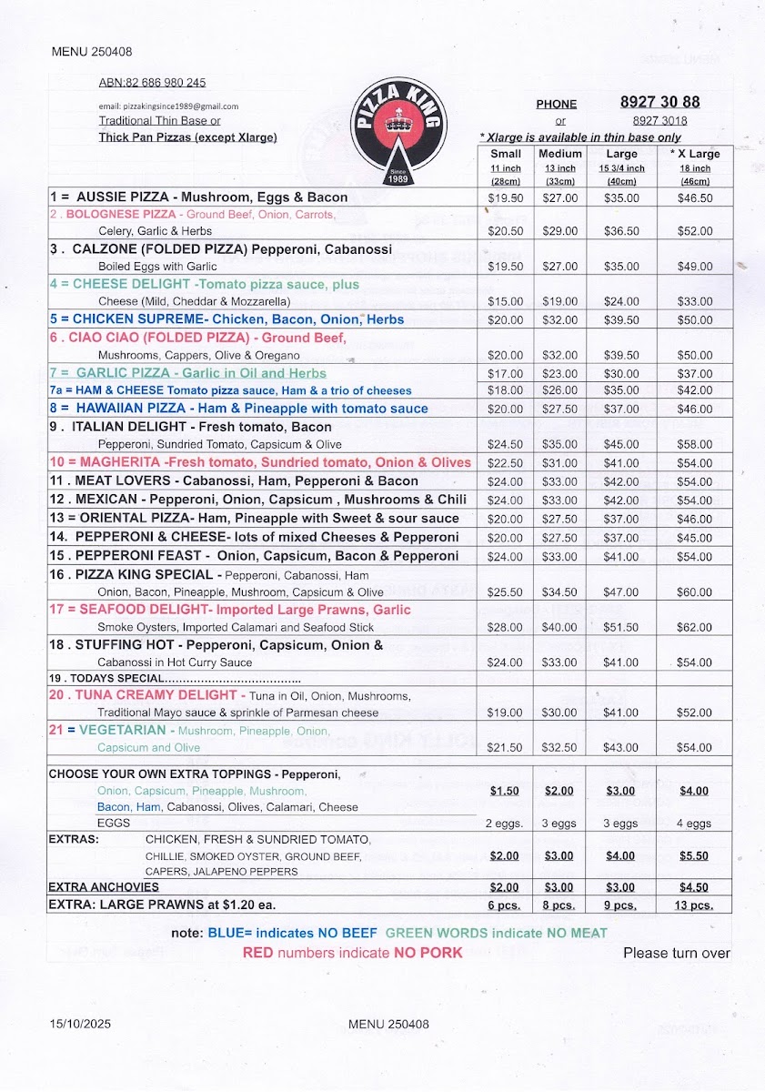 Menu Pizza King Since 1989-1