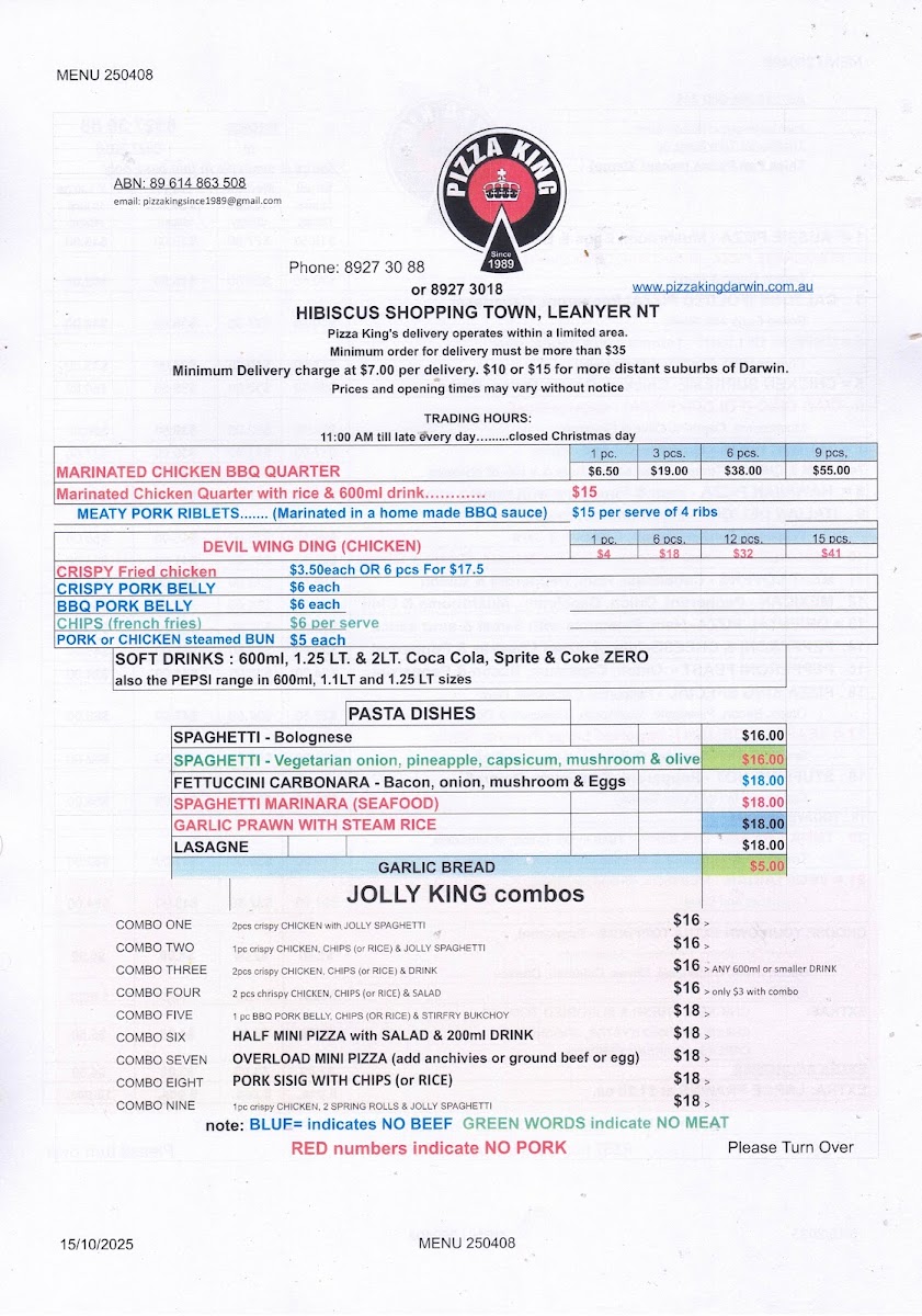 Menu Pizza King Since 1989-2