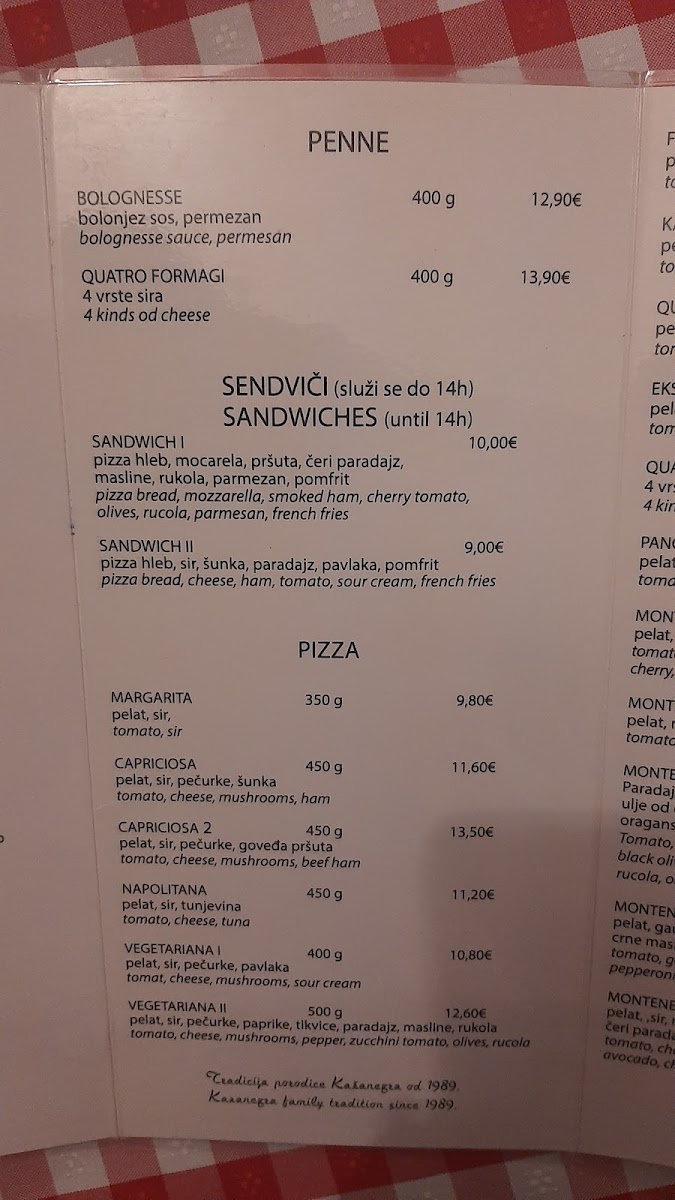Menu Pizzeria Lav-7
