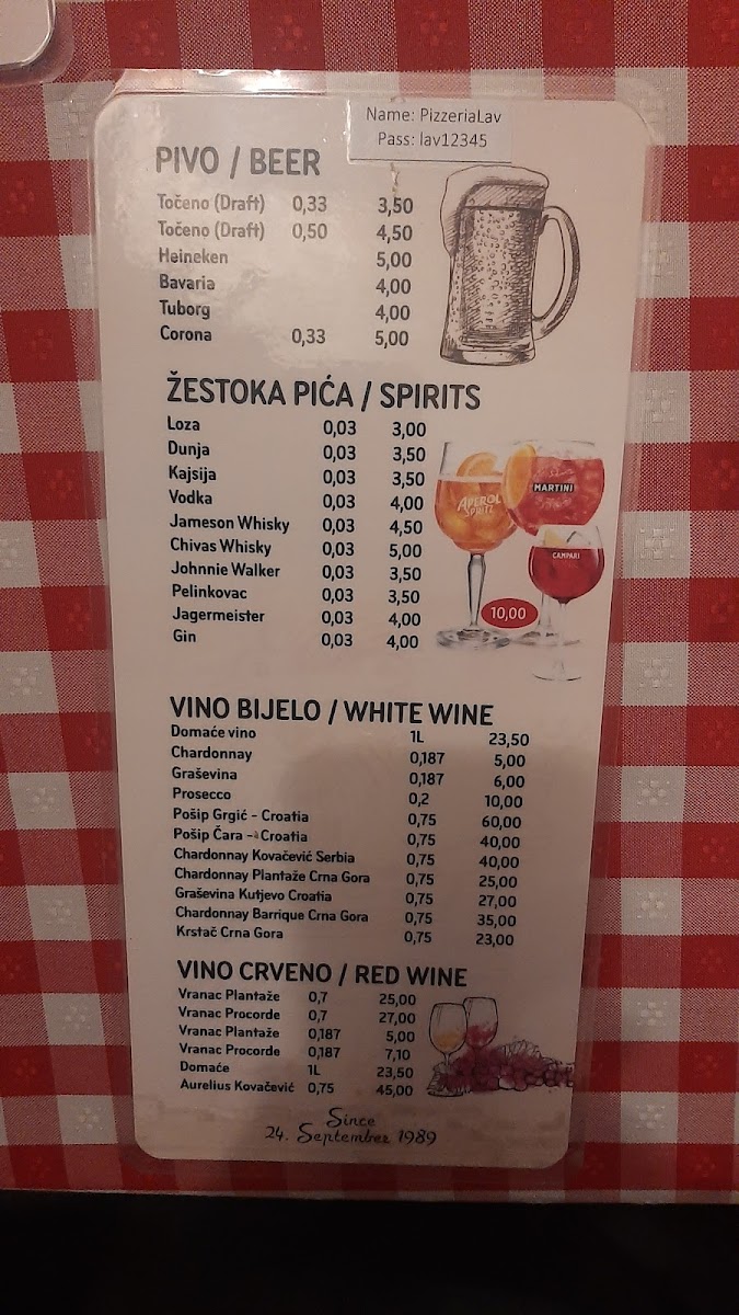 Menu Pizzeria Lav-8