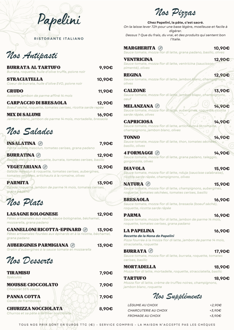 Menu Pizzeria Papelini - Faubourg Saint Martin-1