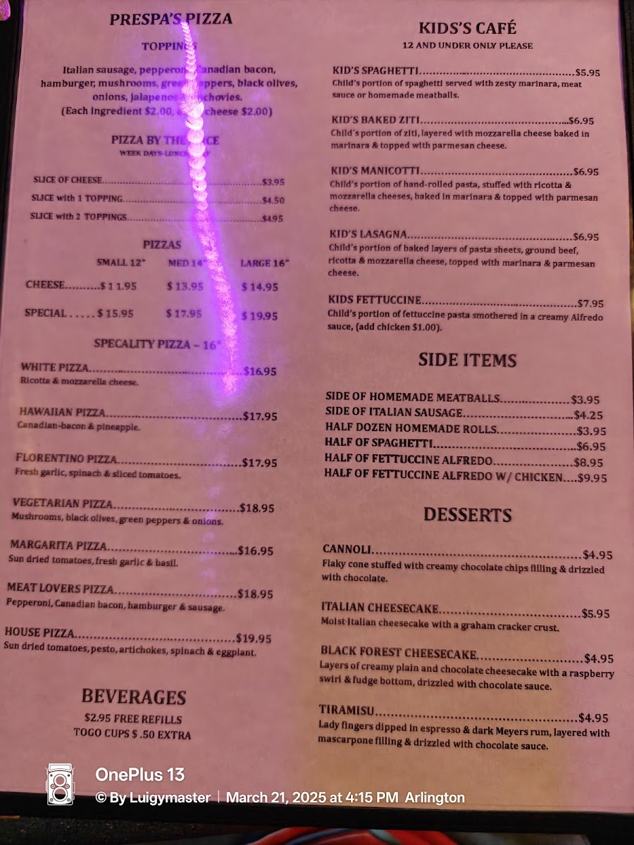 Menu Prespa's Italian Restaurant 2-2