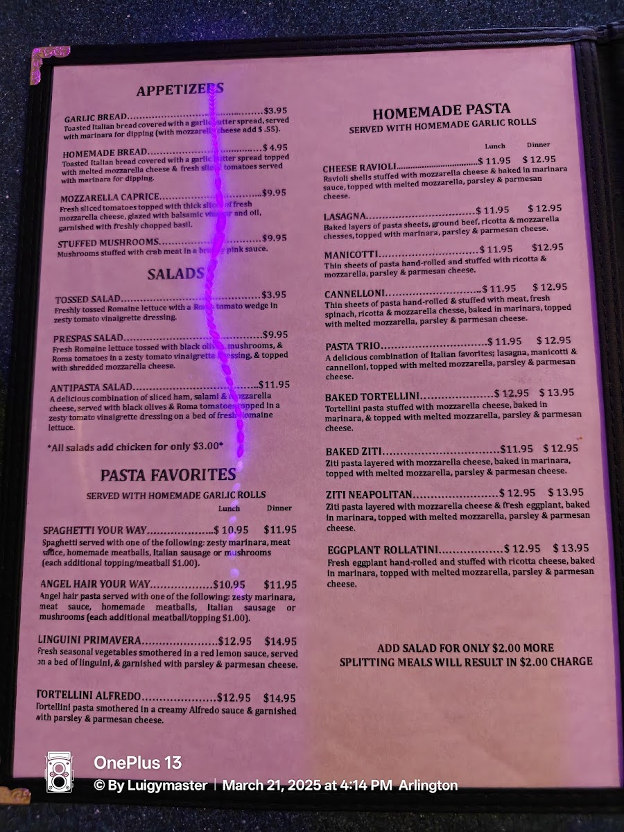Menu Prespa's Italian Restaurant 2-3