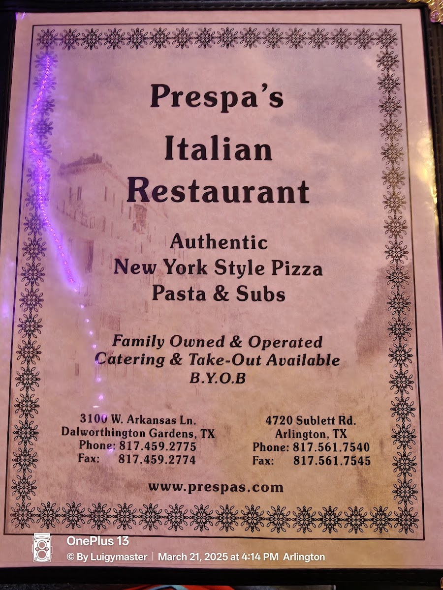 Menu Prespa's Italian Restaurant 2-5