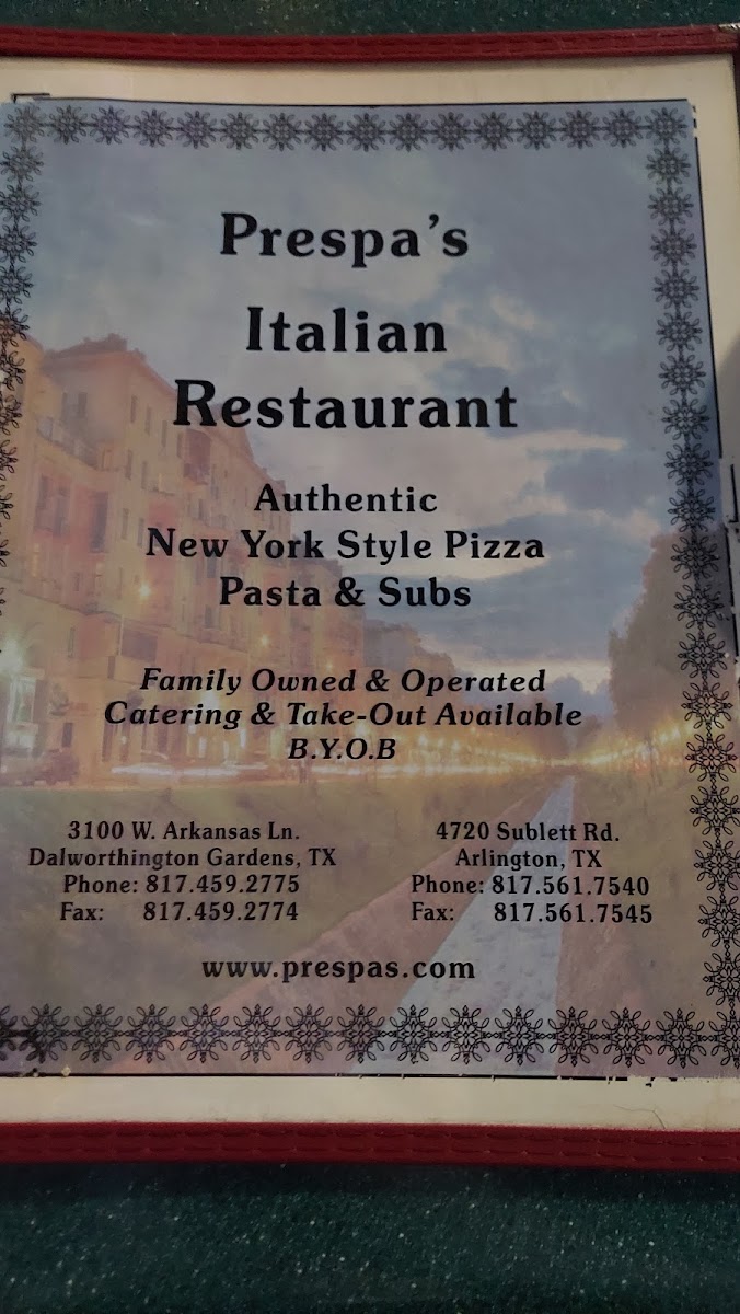 Menu Prespa's Italian Restaurant 2-6