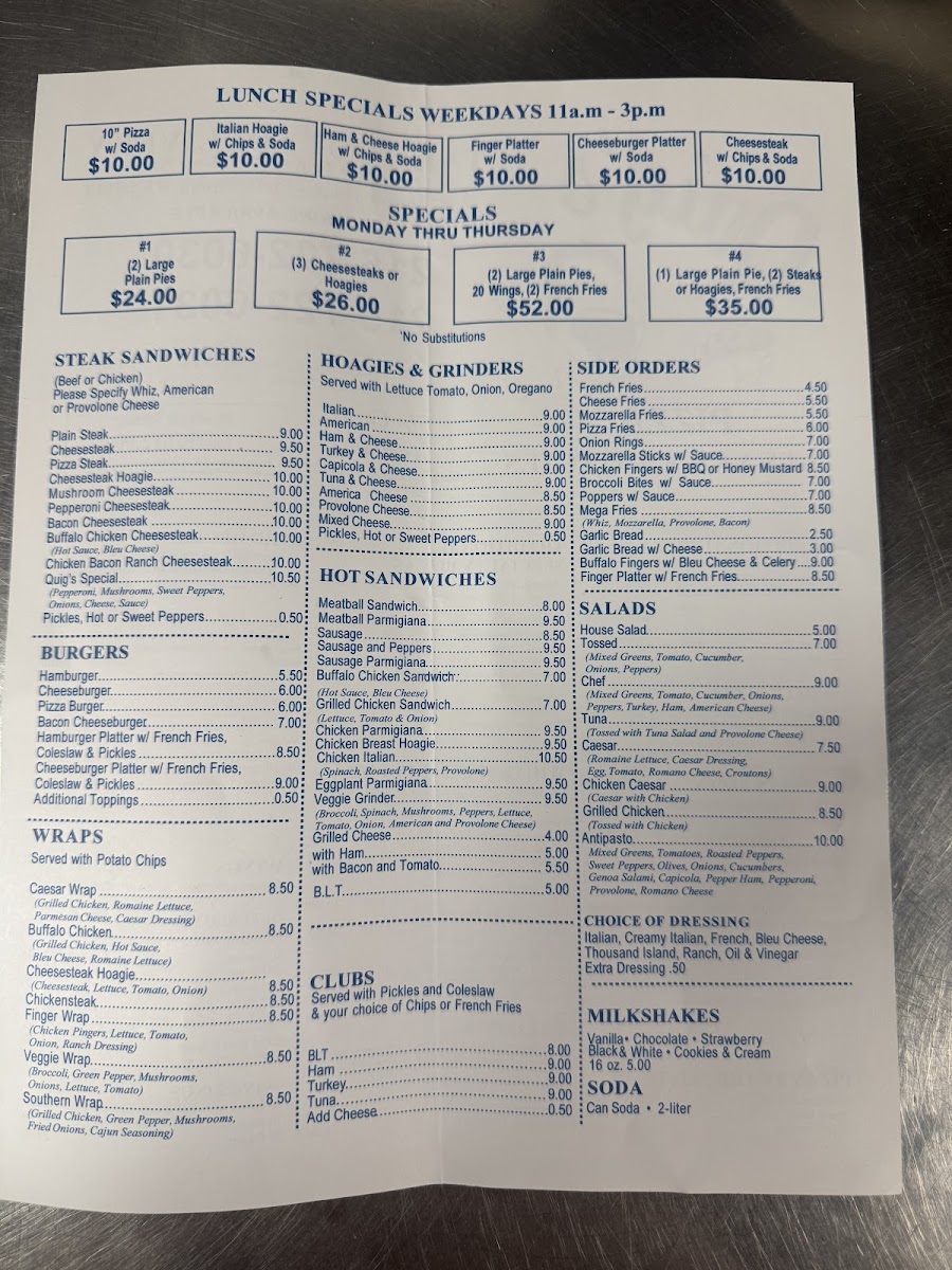 Menu Quig's Pizza Steaks & Hoagie's-1