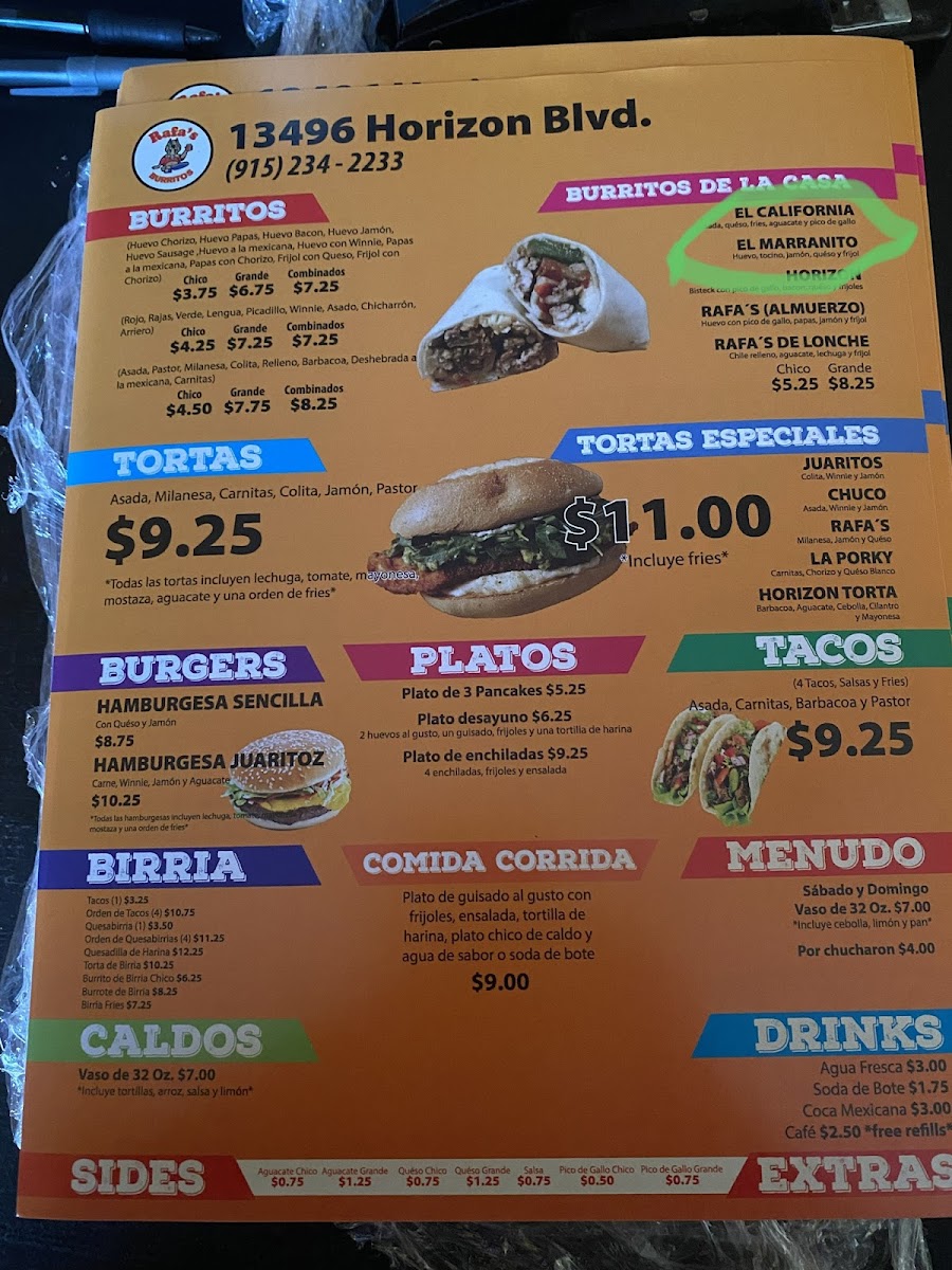 Menu Rafa's Burritos Horizon-8