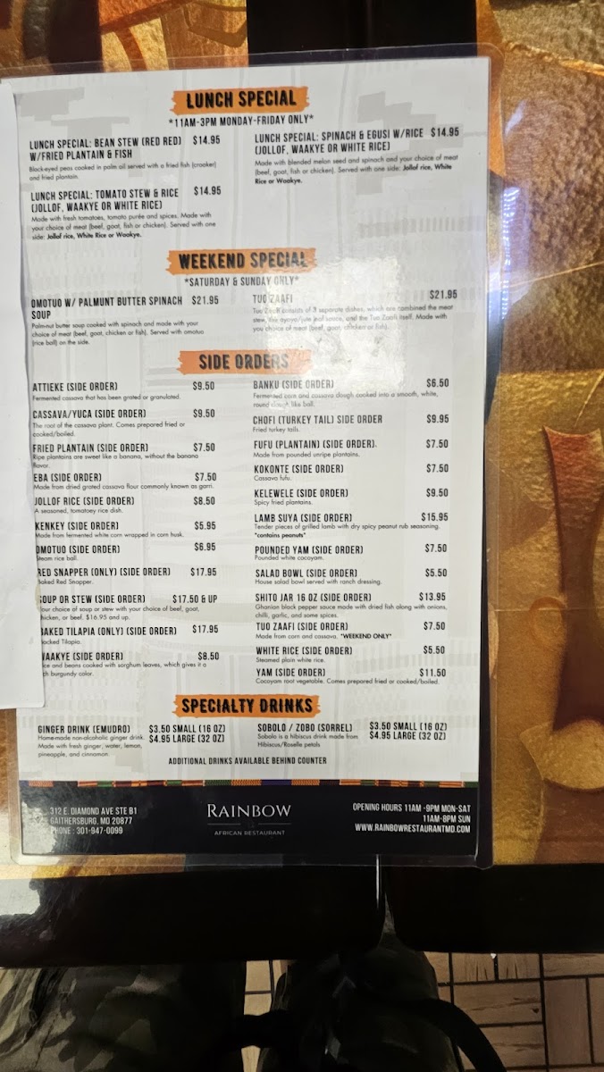 Menu Rainbow African Restaurant -West African Cuisine-3
