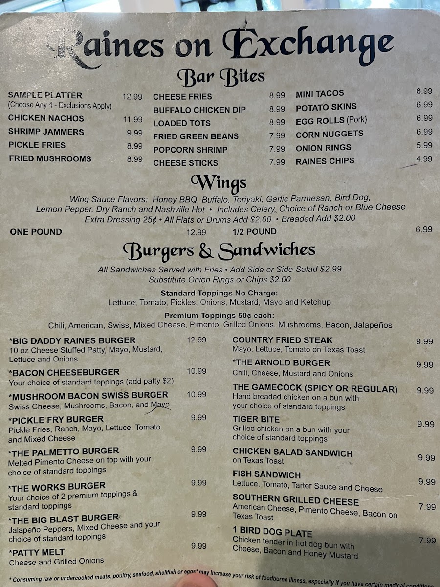 Menu Raines On Exchange Bar And Grill, Llc-1