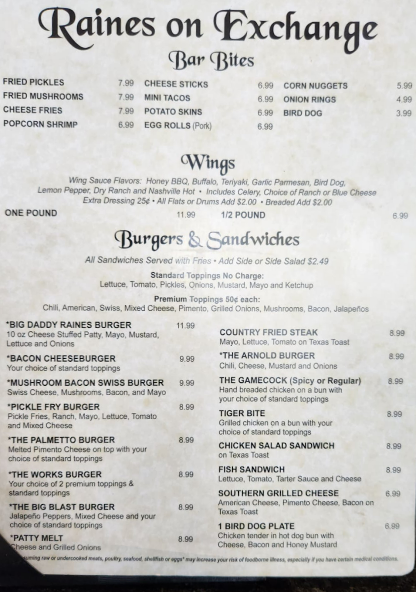 Menu Raines On Exchange Bar And Grill, Llc-4